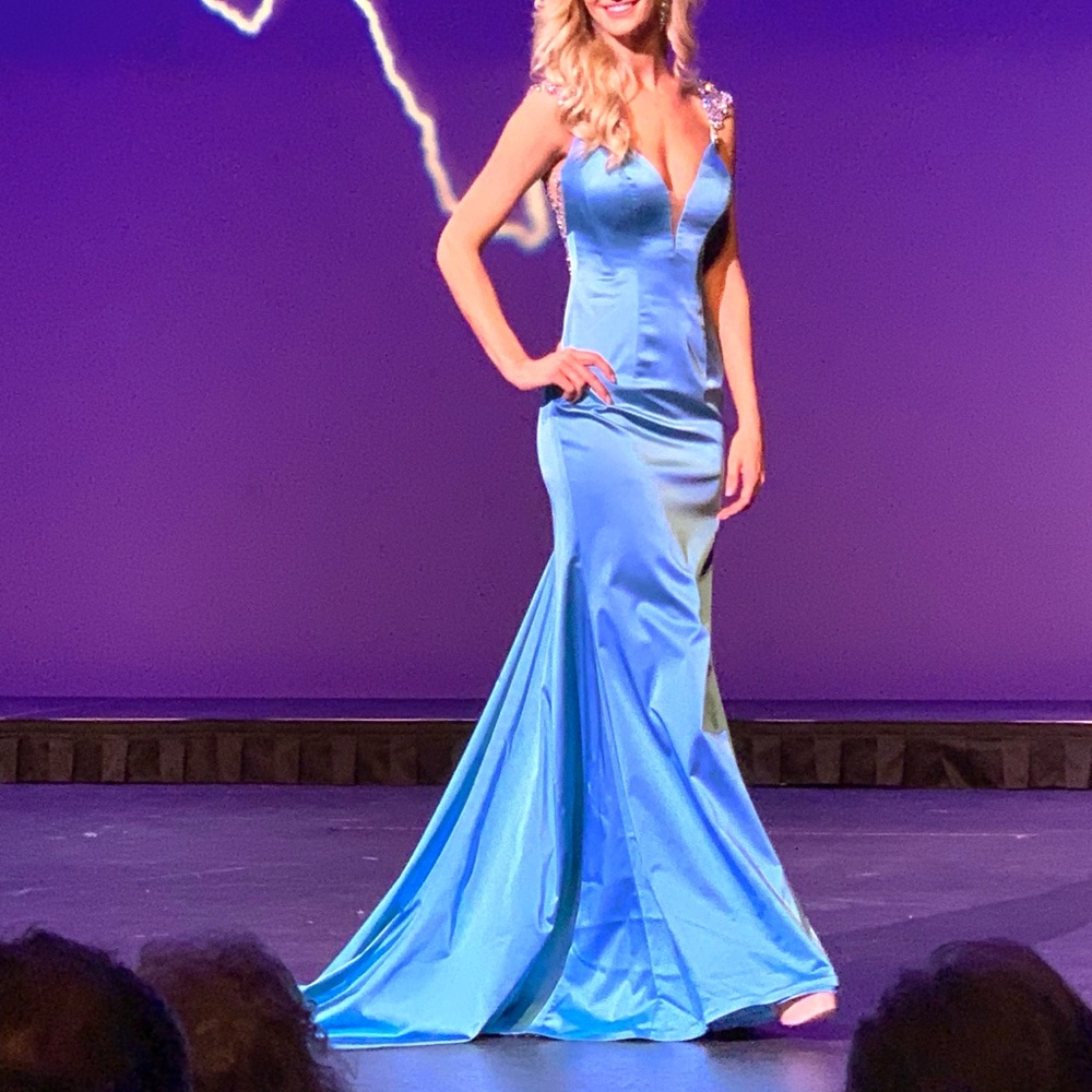 Aqua Blue custom couture Sherri Hill fit and flair gown pageant gown, worn once.